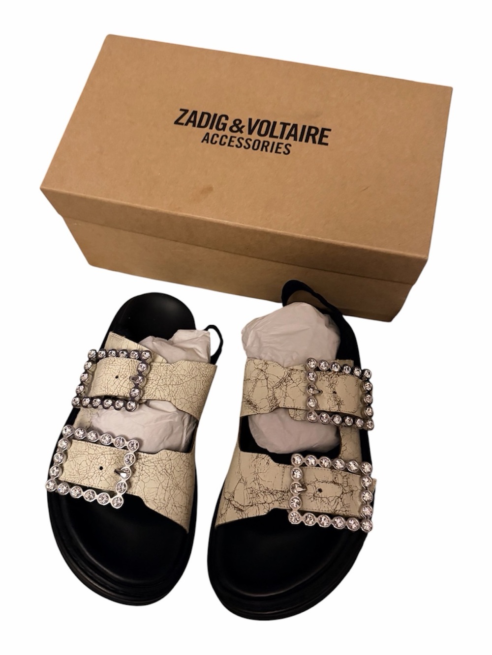Brand New Zadig & Voltaire Leather Slides with Crystal Buckles